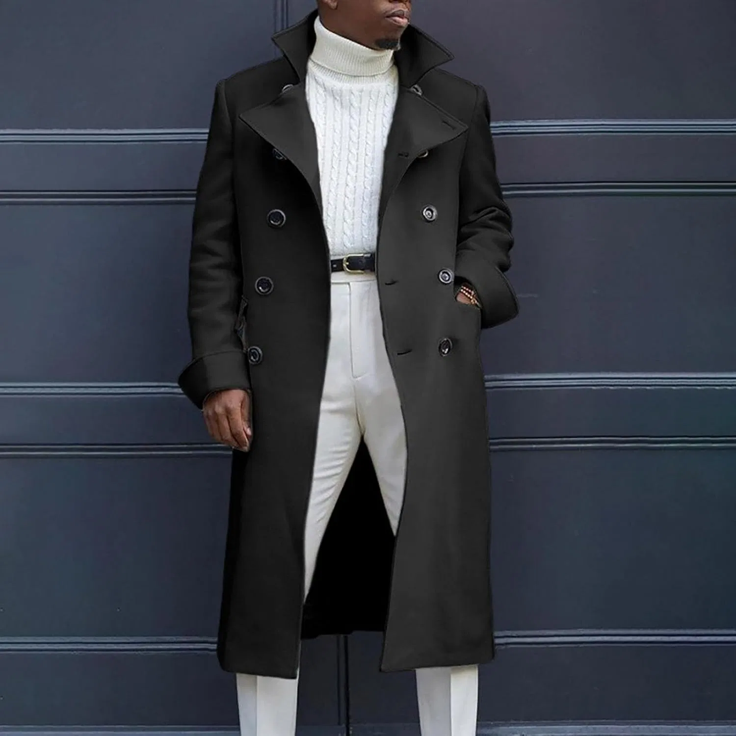 Мужское пальто-тренч с двубортной застежкой, Classic Winter Woolen Outerwear, чёрный — фото 2
