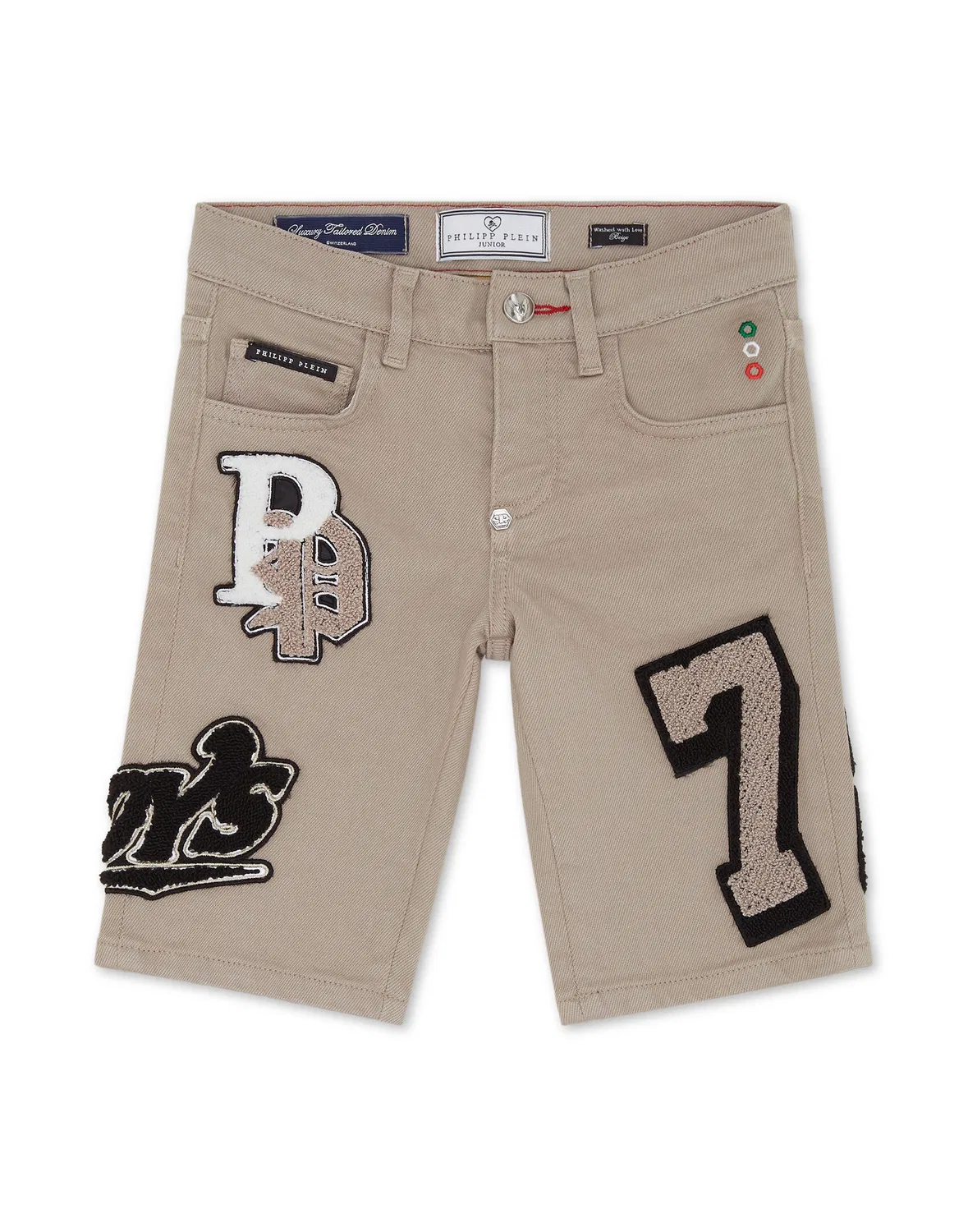 Детские шорты-бермуды из денима с вышитыми нашивками Fermentera Shorts Bulldogs PHILIPP PLEIN, бежевый