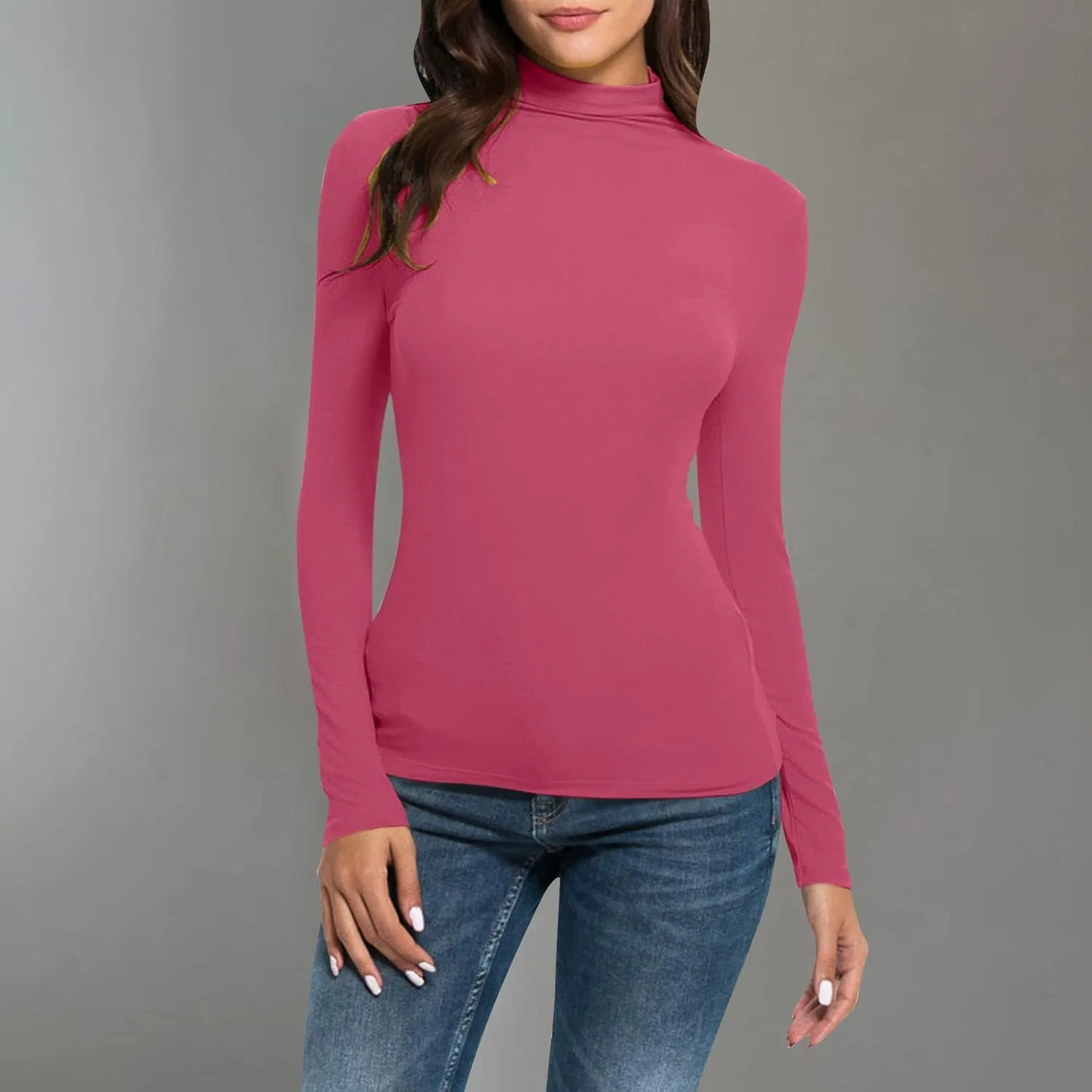 Женская облегающая водолазка с длинным рукавом, Hot Pink — фото 2