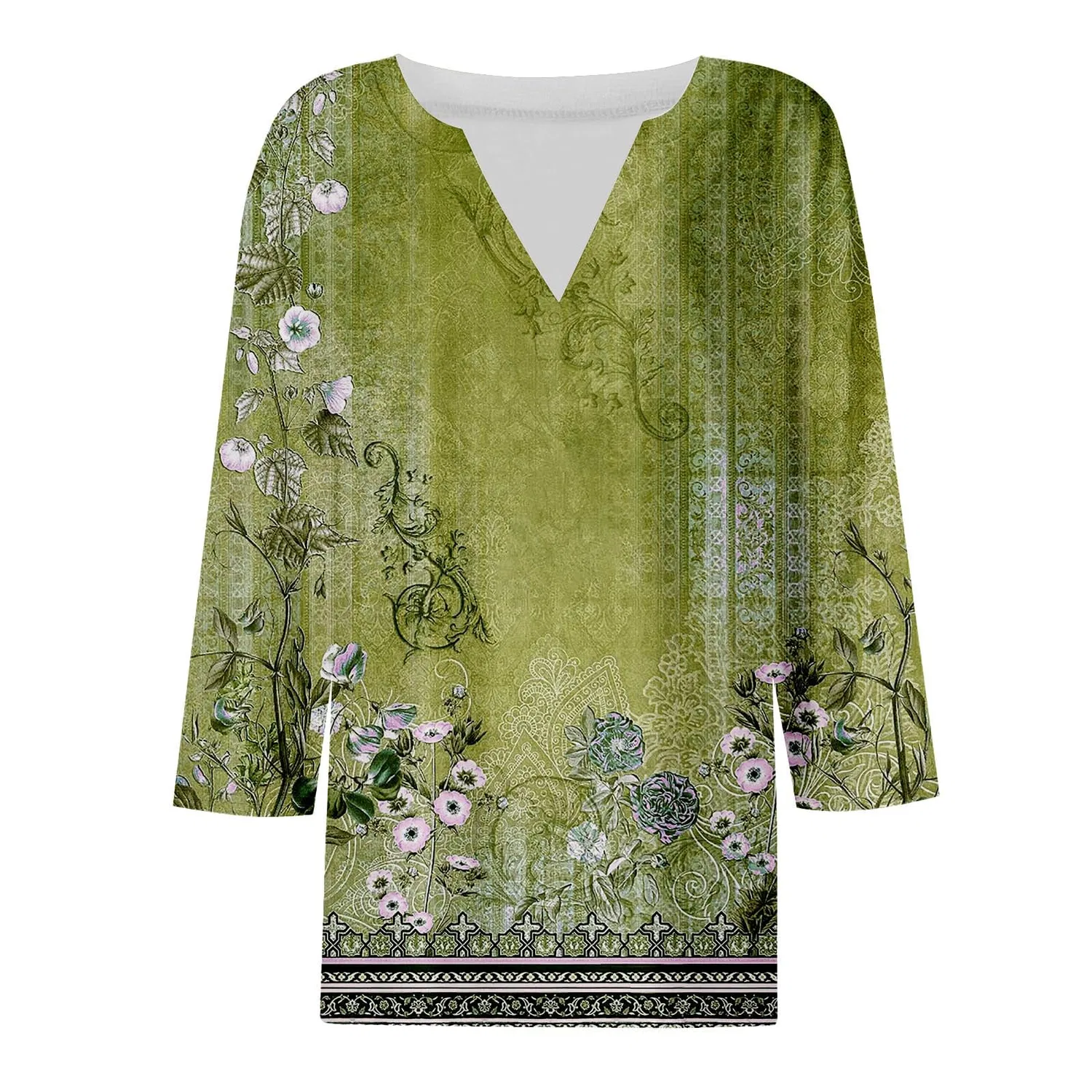 Женская блуза с принтом Women Blouses 3/4 Sleeve V Neck Casual Elegant Summer Boho Floral Print Blouses, 28#verde Militare — фото 3