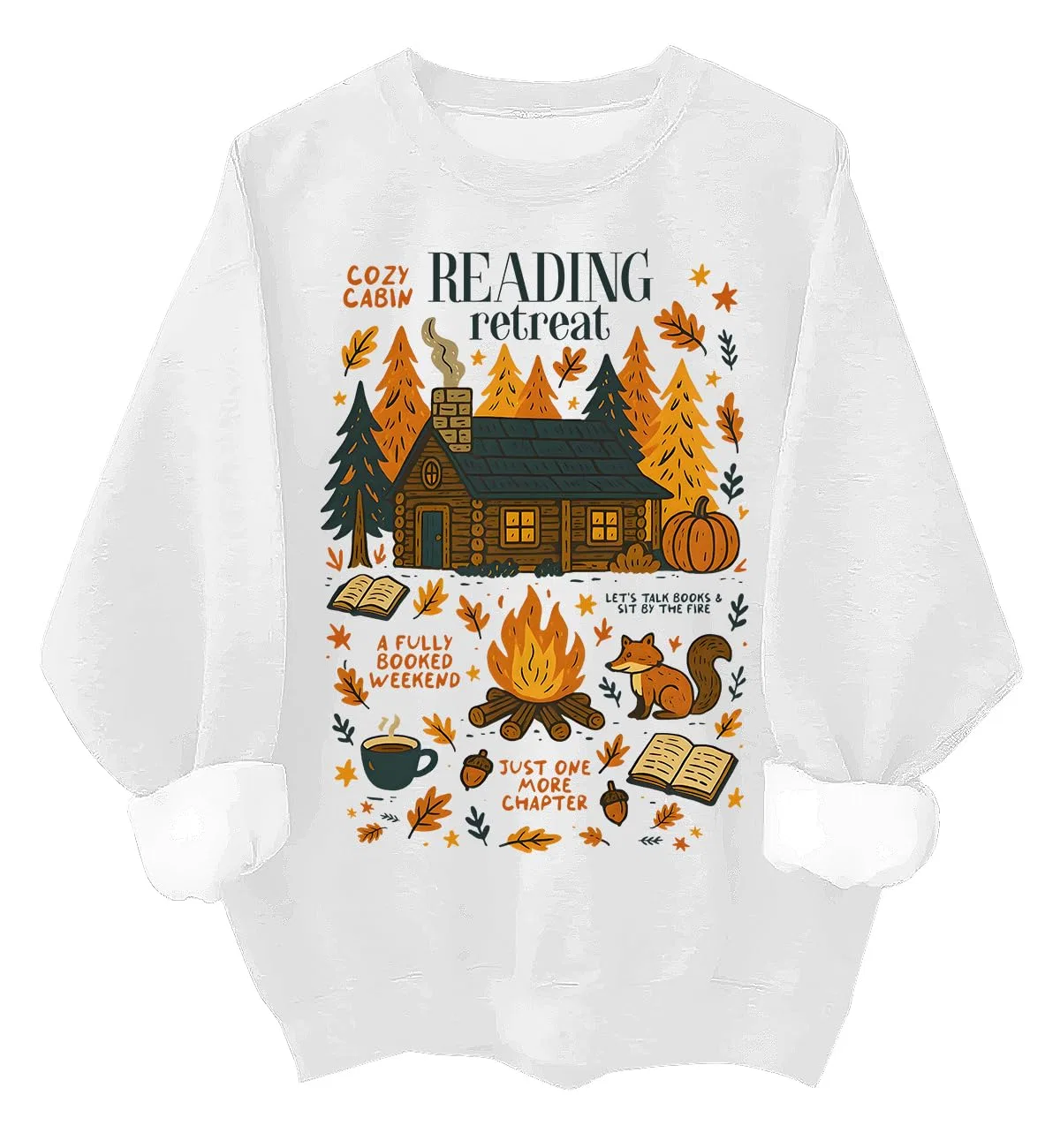 Женский свитшот с принтом Cozy Cabin Reading Retreat, White