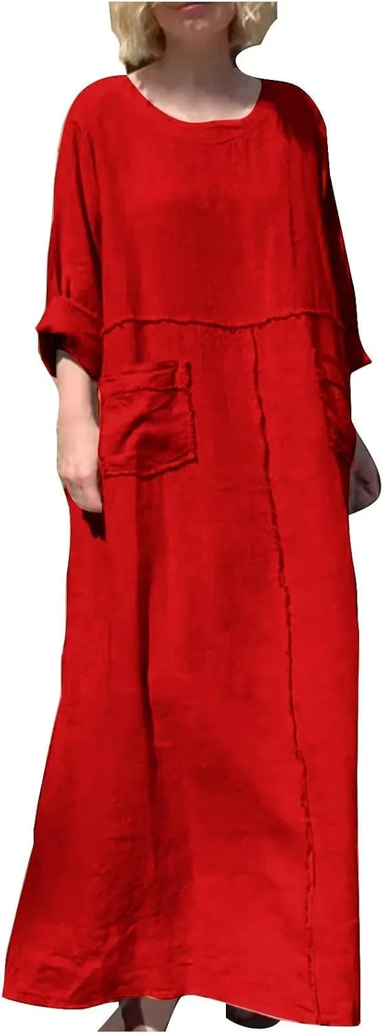 Женское летнее платье макси из хлопка и льна с карманами, Red