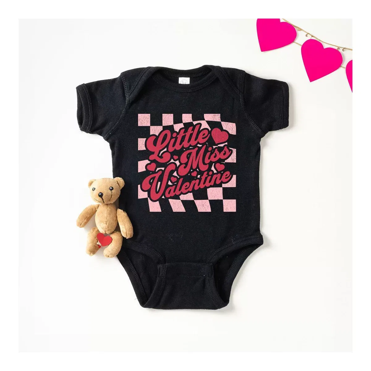 Детский боди с коротким рукавом Checkered Little Miss Valentine The Juniper Shop, Black — фото 2