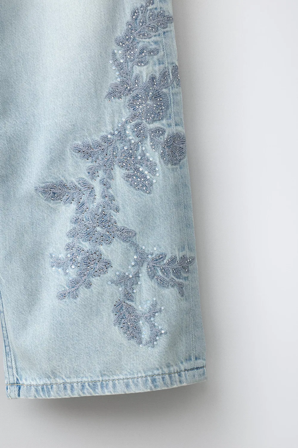 Широкие джинсы с цветочным узором и стразами ZARA, Blue — фото 4