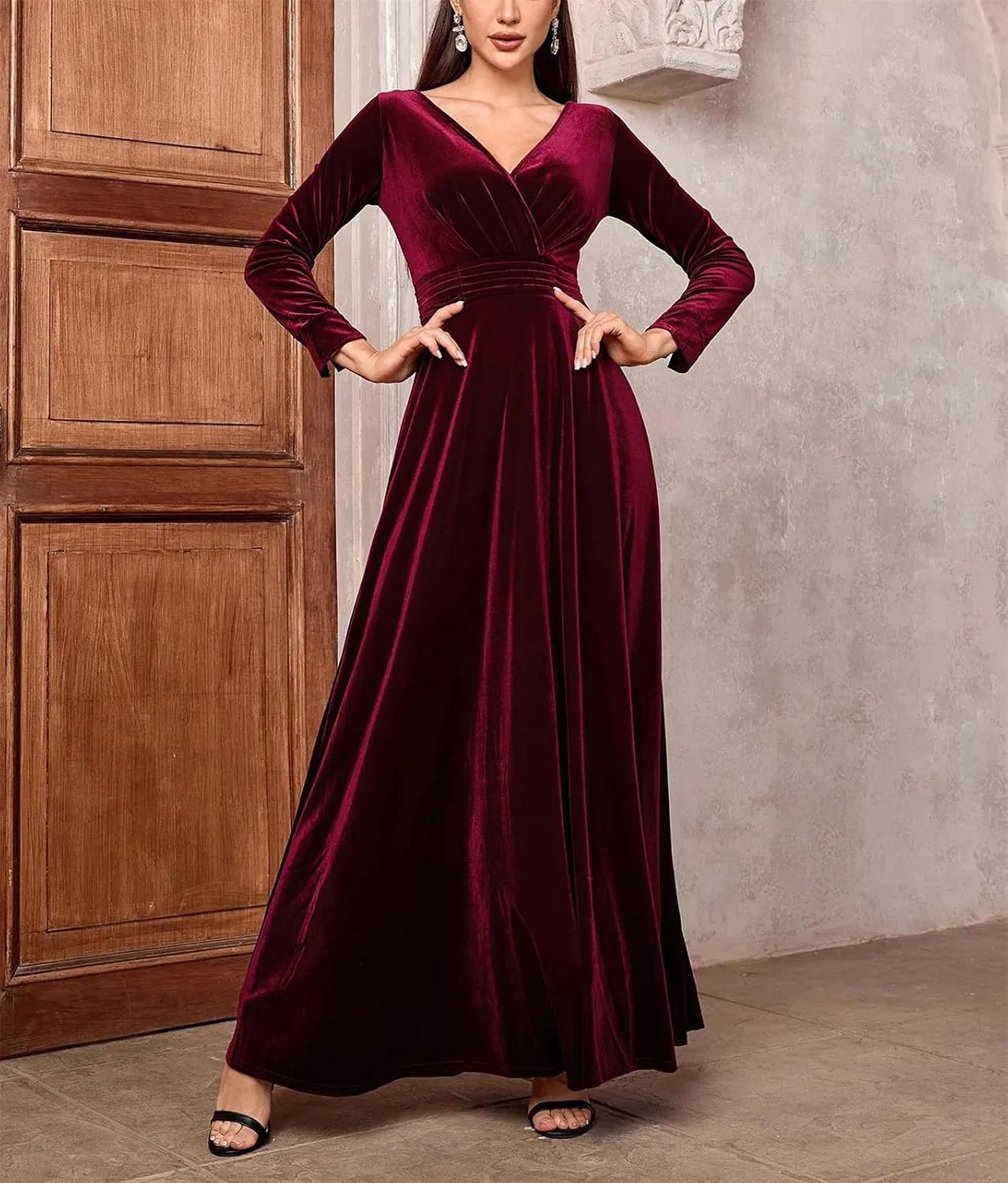 Женское бархатное макси-платье A-силуэта, Claret — фото 4
