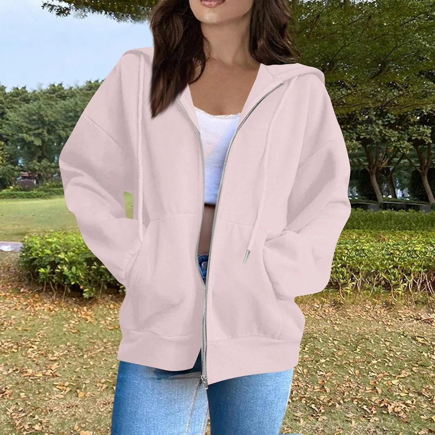 Женское худи на молнии оверсайз с капюшоном, S136-light Pink — фото 2
