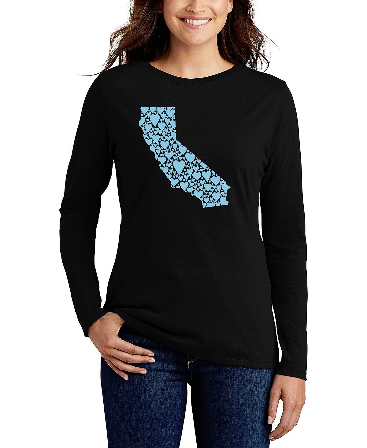 

Женская футболка с длинным рукавом california hearts word art LA Pop Art, черный