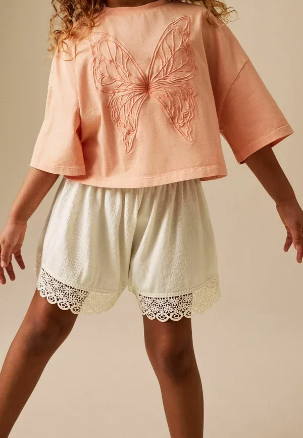 Комплект футболка и шорты с принтом, хлопок, Regular fit - t-shirt and textured shorts set - print t-shirt, Next, Orange Cream, оранжевый