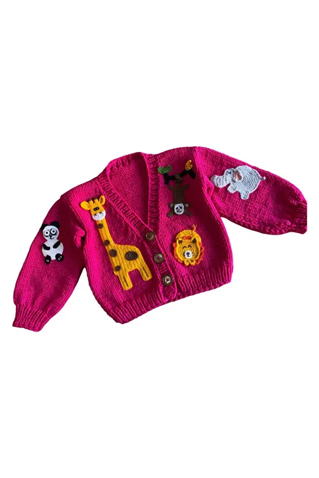 Детский кардиган с принтом Hand knitted forest animals figured baby kids cardigan El Örgüsü, Pink