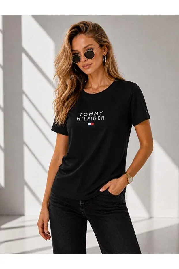 Женская футболка хлопковая с вышивкой Tommy Hilfiger, Dark Lacquer — фото 3