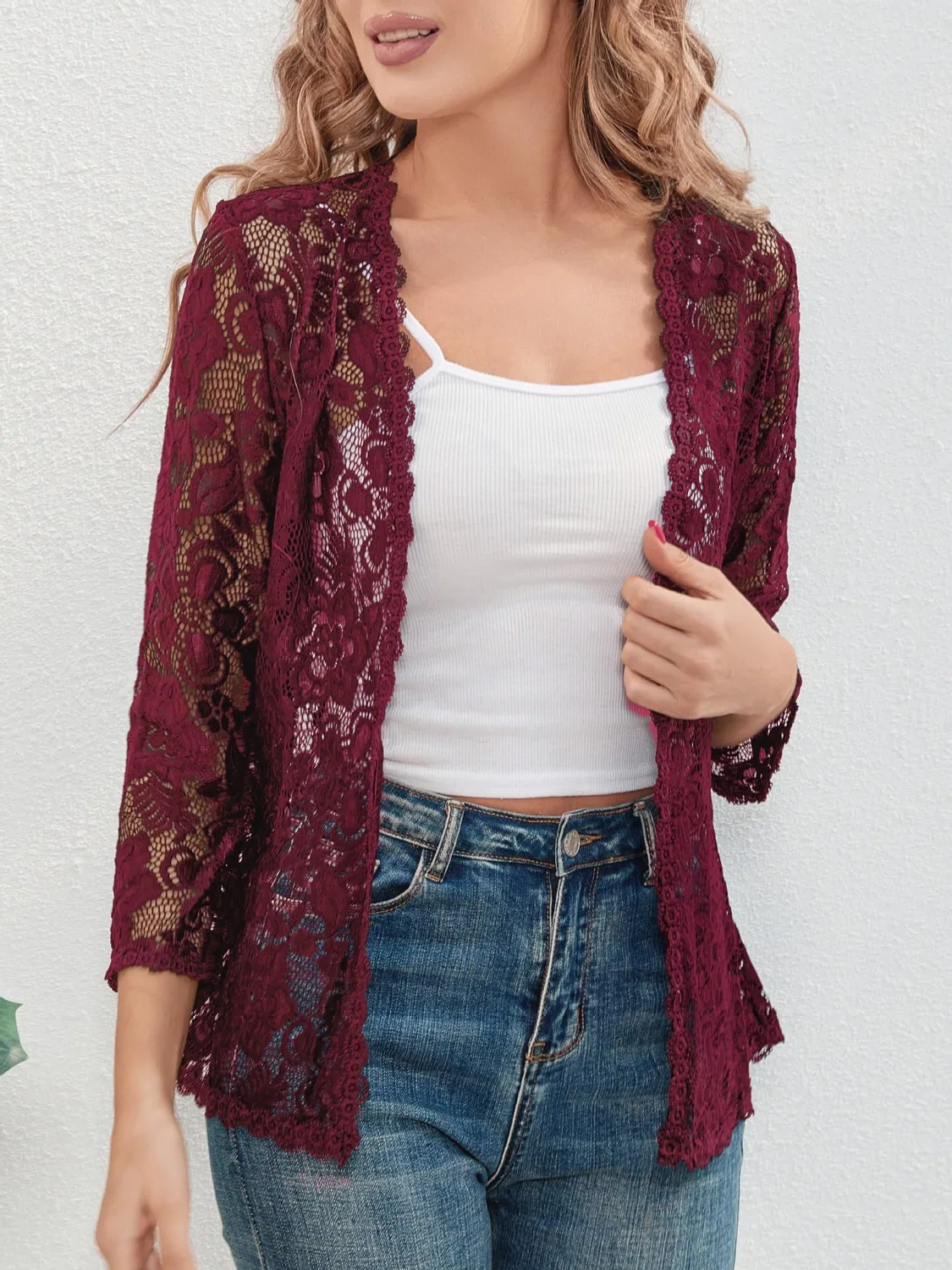 Женский кардиган с цветочным кружевом с рукавом 3/4, модель Bolero, Burgundy — фото 3