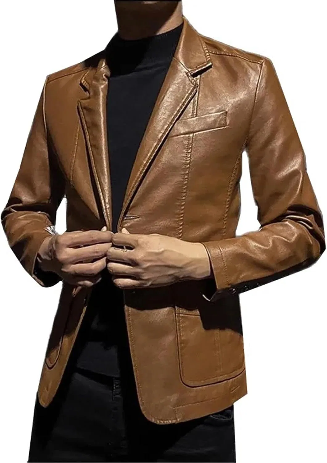 Мужское кожаное пальто с воротником-стойкой, Slim Fit, чёрный — фото 3