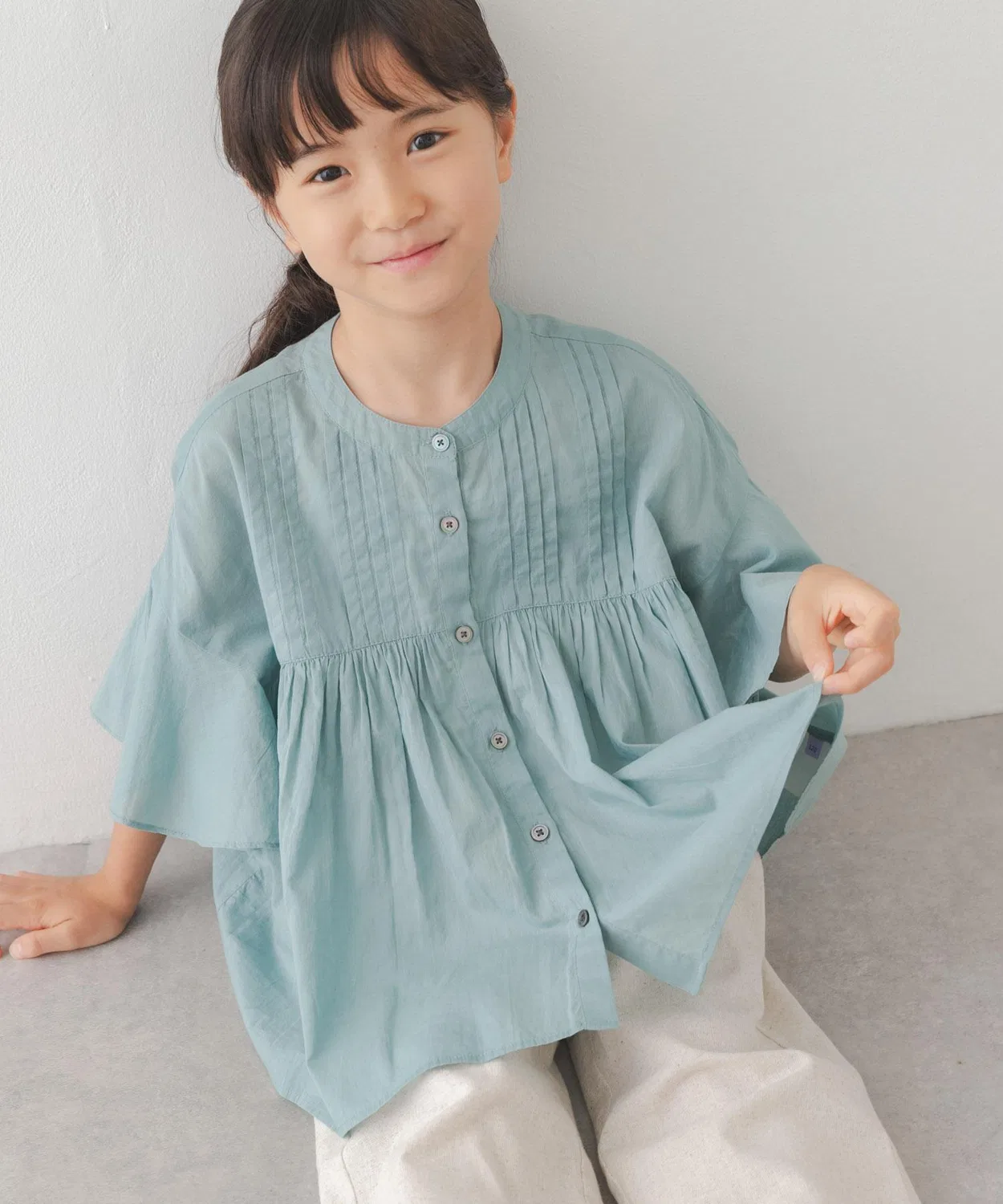 URBAN RESEARCH DOORS Детская блуза с длинным рукавомCotton Voile Pintuck Flare Sleeve Blouse, Blue