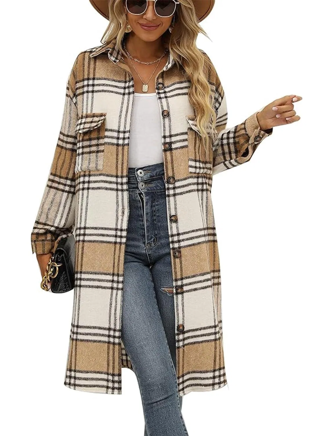 Женская куртка-рубашка с принтом в клетку Womens-Shacket-Vintage Retrò, Dark Khaki
