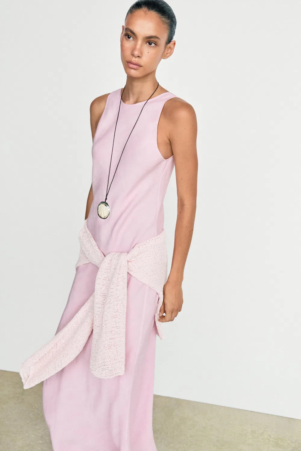 Платье Massimo Dutti, миди, льняная смесь, пастельно-розовый — фото 2