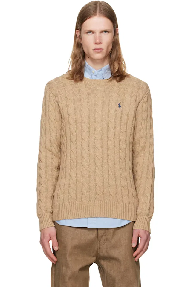 Бежевый хлопковый свитер крупной вязки Polo Ralph Lauren