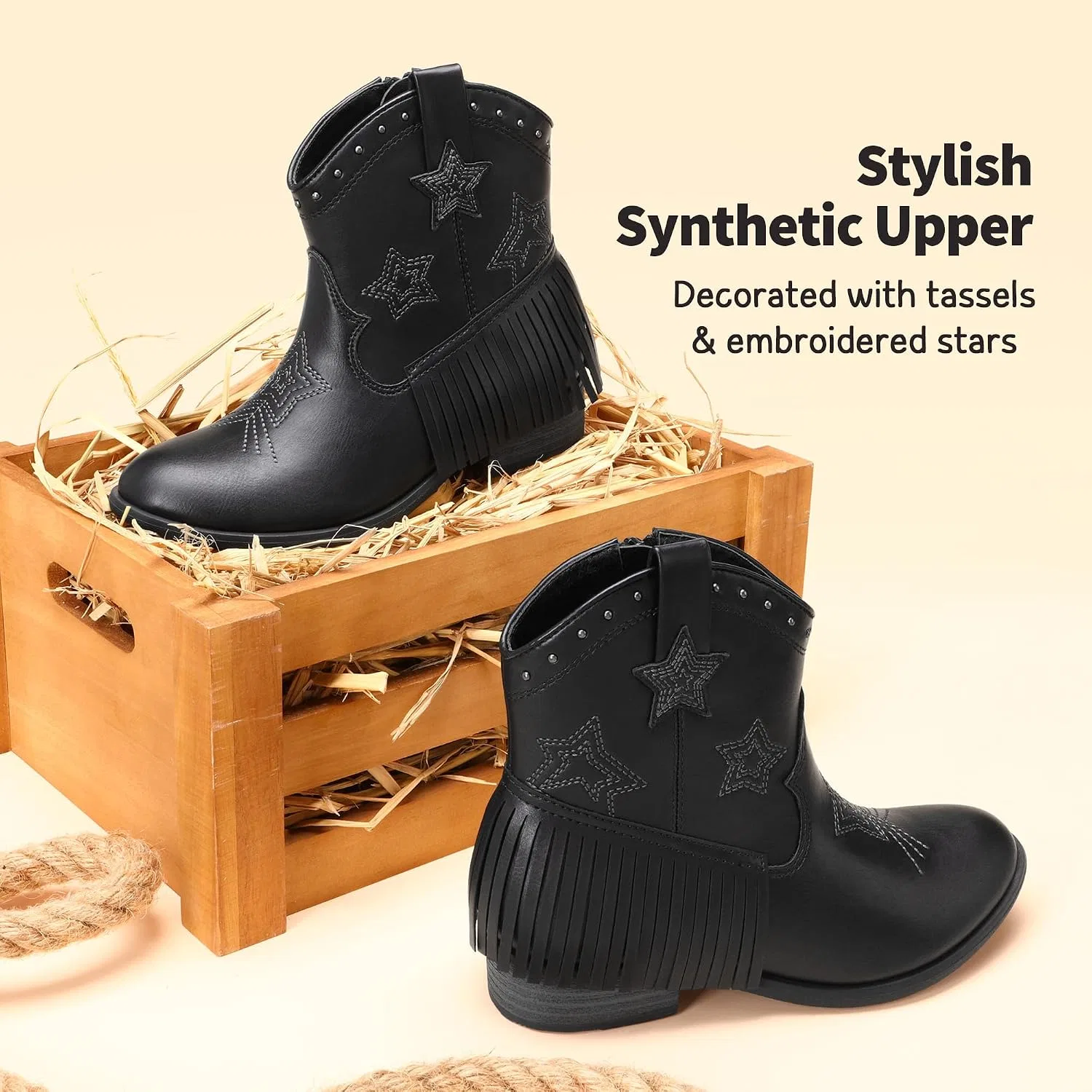 Детские сапоги для девочек с ковбойским стилем DREAM PAIRS, Black — фото 3