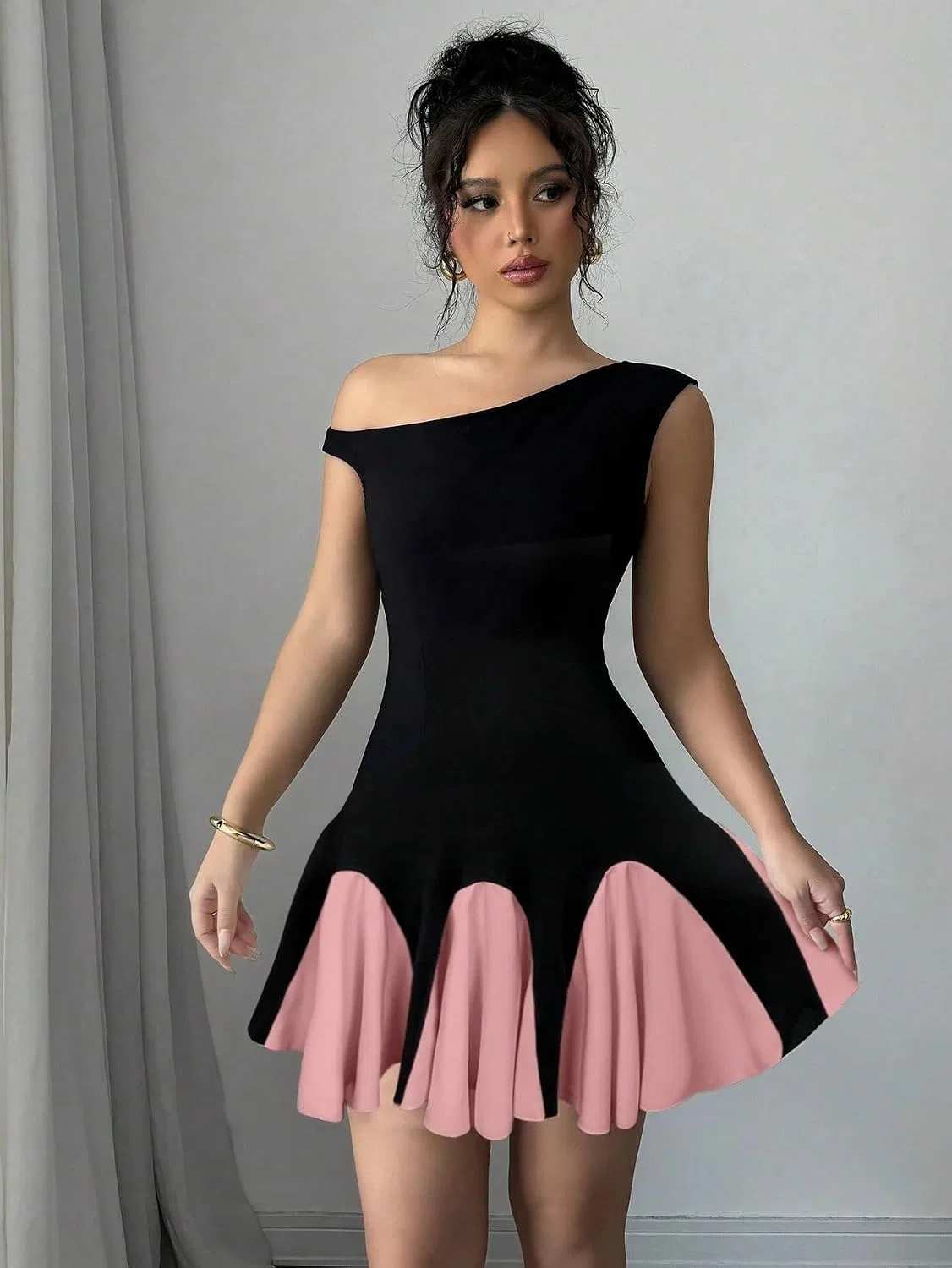 Женское коктейльное платье с асимметричным вырезом A-line, Pink — фото 3
