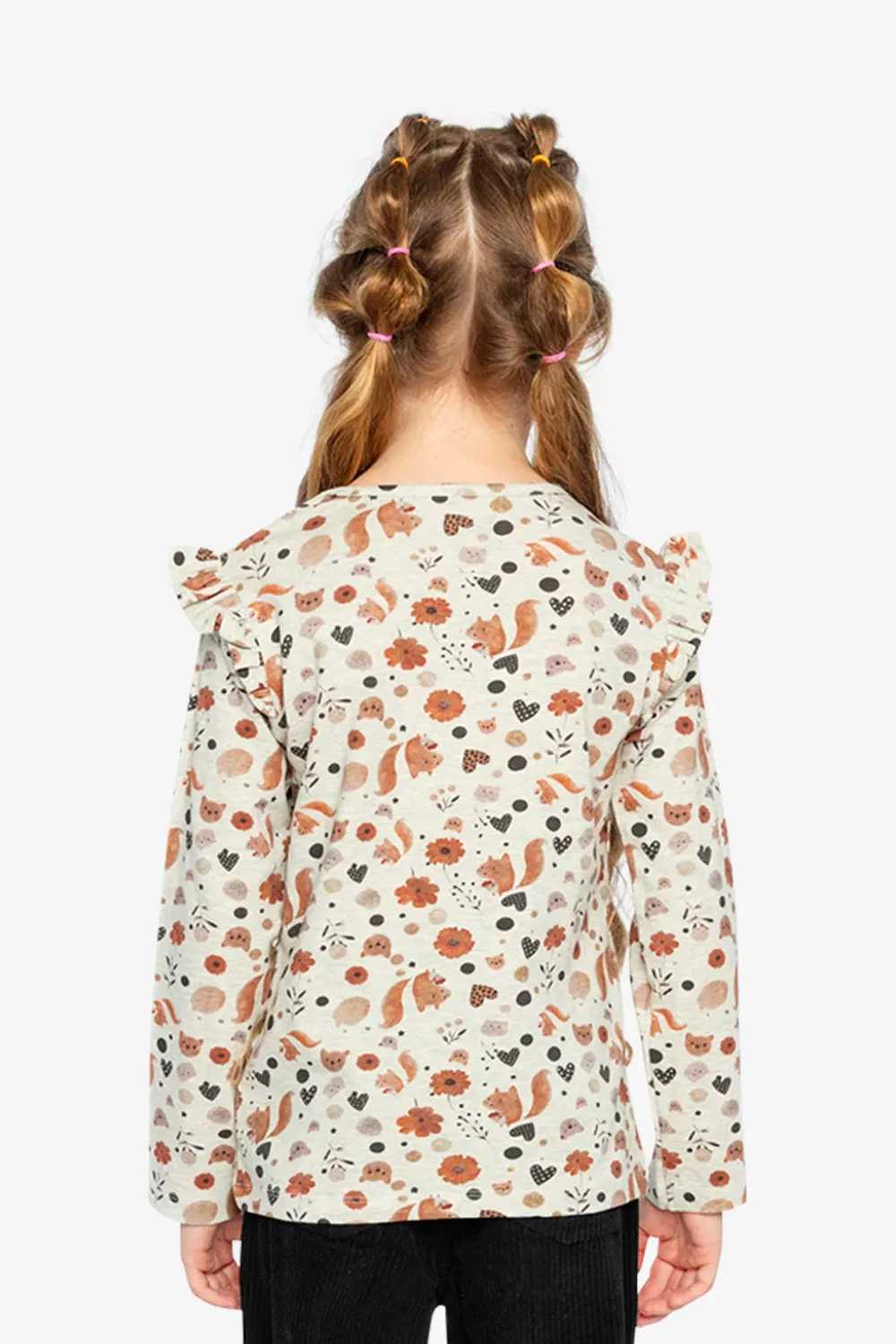 Детская футболка для девочек с длинным рукавом с принтом Black Caramel Deux par Deux, Beige With Squirrel Print — фото 4