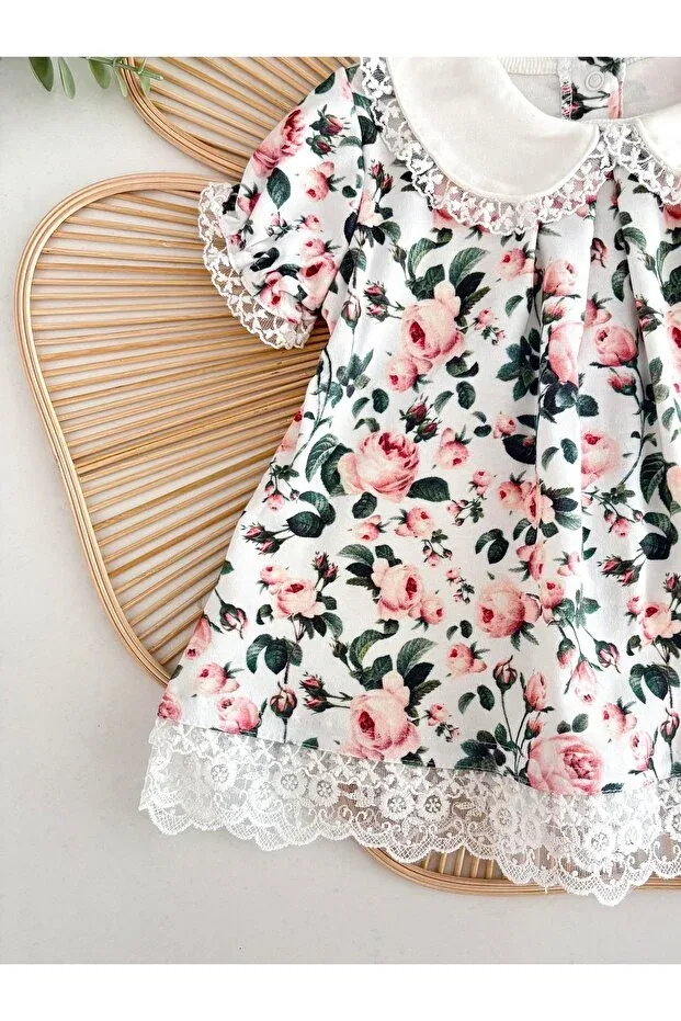 Детское платье для девочек с принтом Floral 100% Cotton Combed Cotton Lace Baby Girl Panty Summer Short Sleeve Dress Bandana Set Newborn Jammybaby, Çok Renkli — фото 4