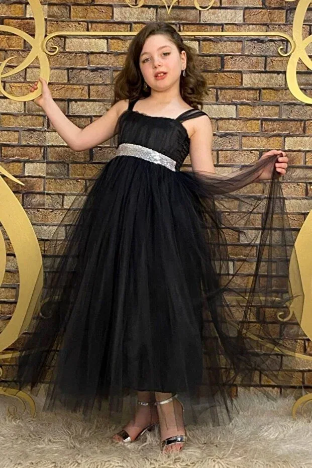 Детское платье для девочек с пайетками Black sequin detailed full length children's evening dress show and party dress aby4456 Abiyekids, Black