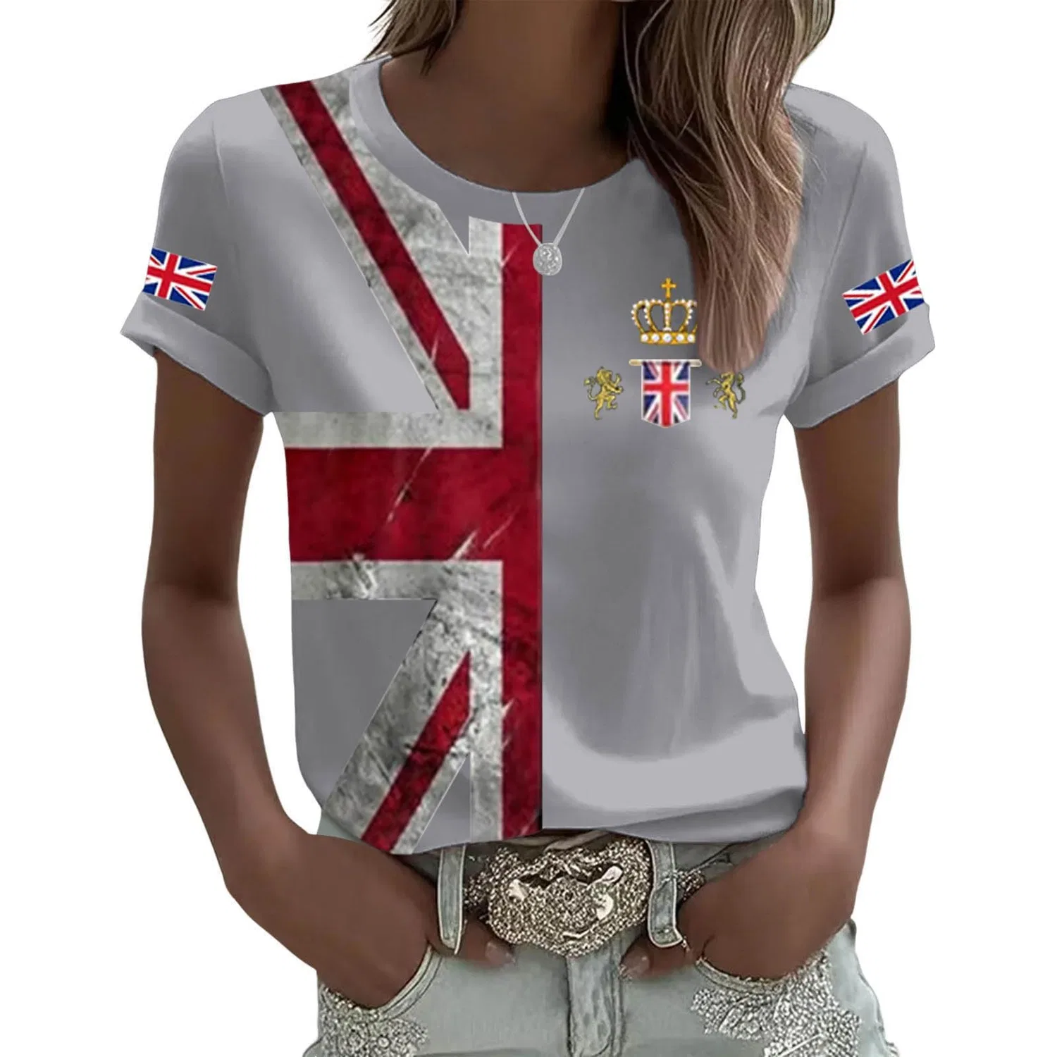 Женская футболка с принтом England Union Jack Flag, летняя, с коротким рукавом, Grey