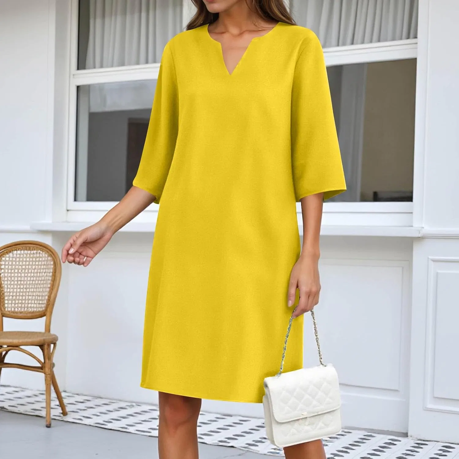 Женское летнее мини-платье из хлопка и льна с V-образным вырезом, Yellow — фото 2
