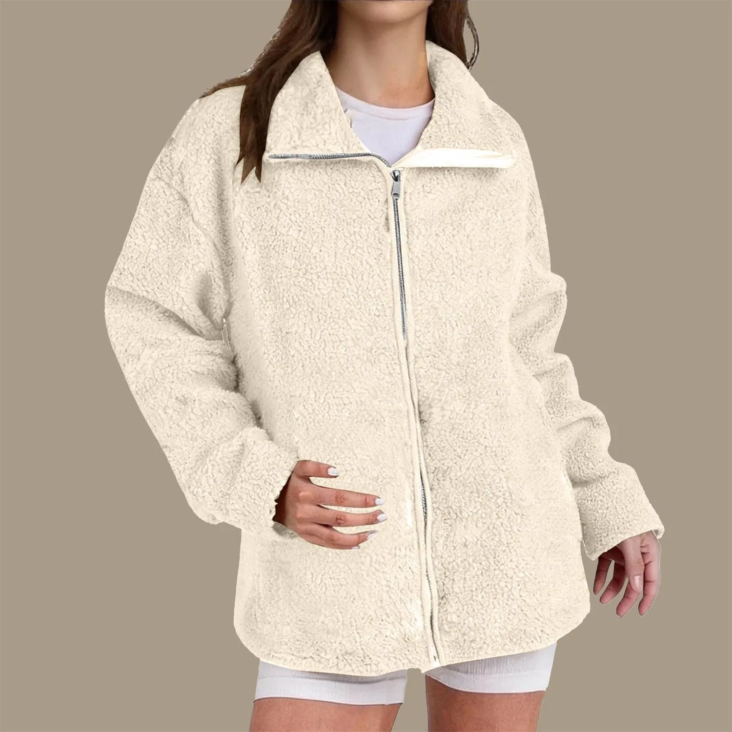 Женская куртка из флиса с принтом, на молнии, оверсайз, Beige — фото 2
