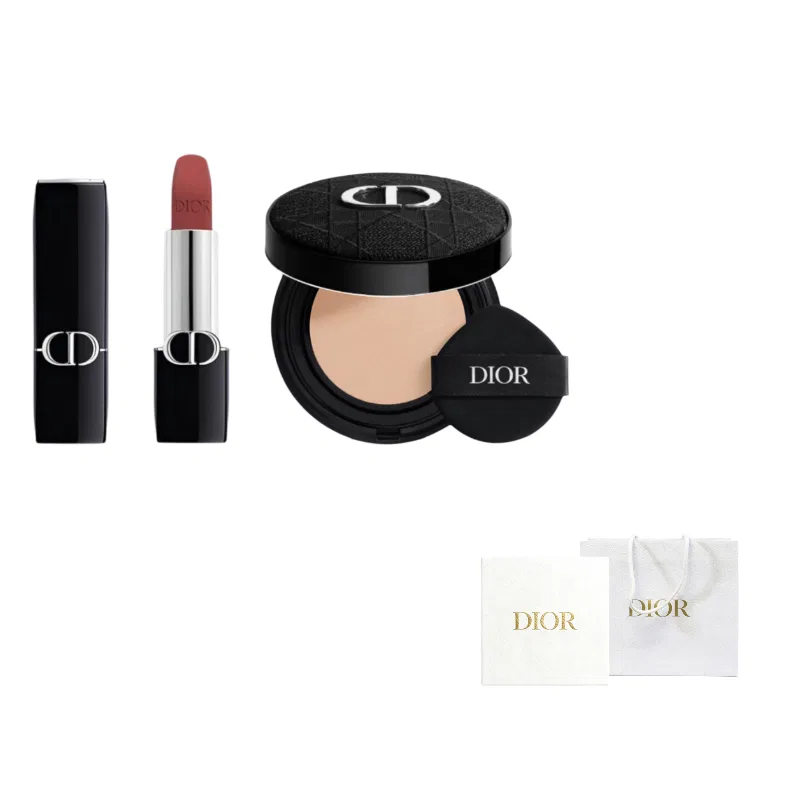 Женский набор для макияжа с помадой и тональной основой DIOR, Velvet Mist Lipstick 688, Soft and Radiant Air Cushion 1N