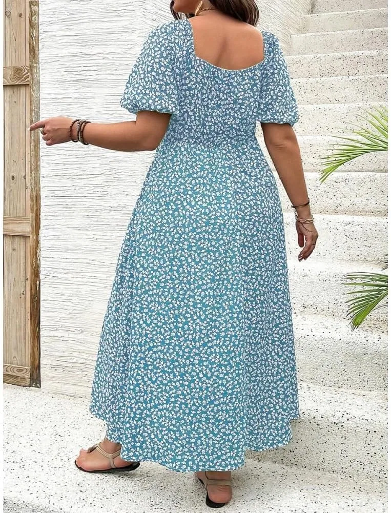 Женское платье с принтом дыши флорал, со шлицей на бедре, Square Neck Puff Sleeve, Blue — фото 3