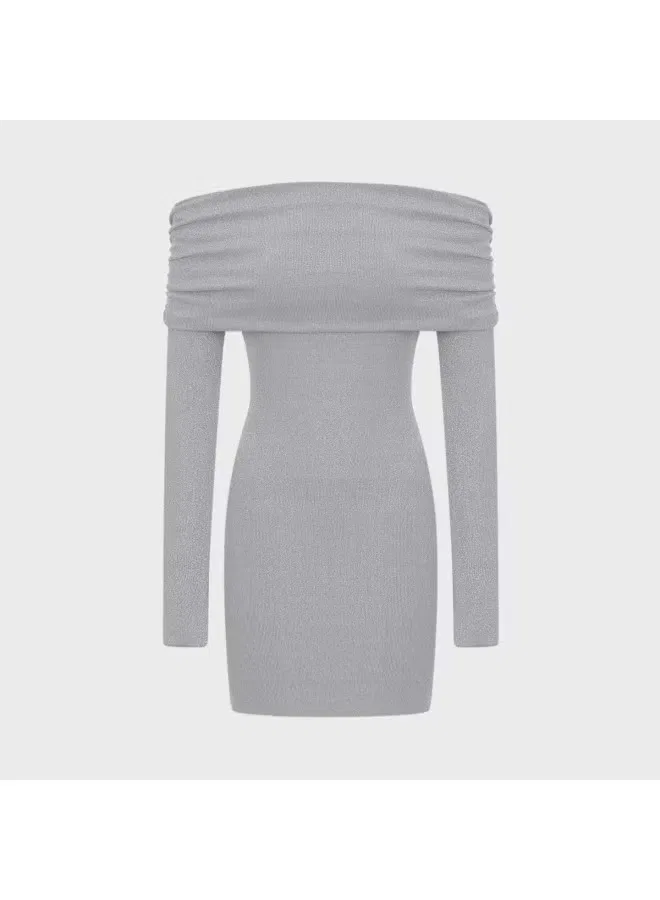 Платье с открытыми плечами с вертикальными полосками и блеском, Zara, серебристый — фото 2
