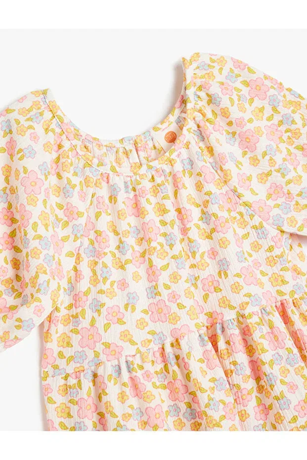 Детское платье для девочек с принтом Balloon sleeves round neck floral print dress Koton, Ecru Patterned — фото 3