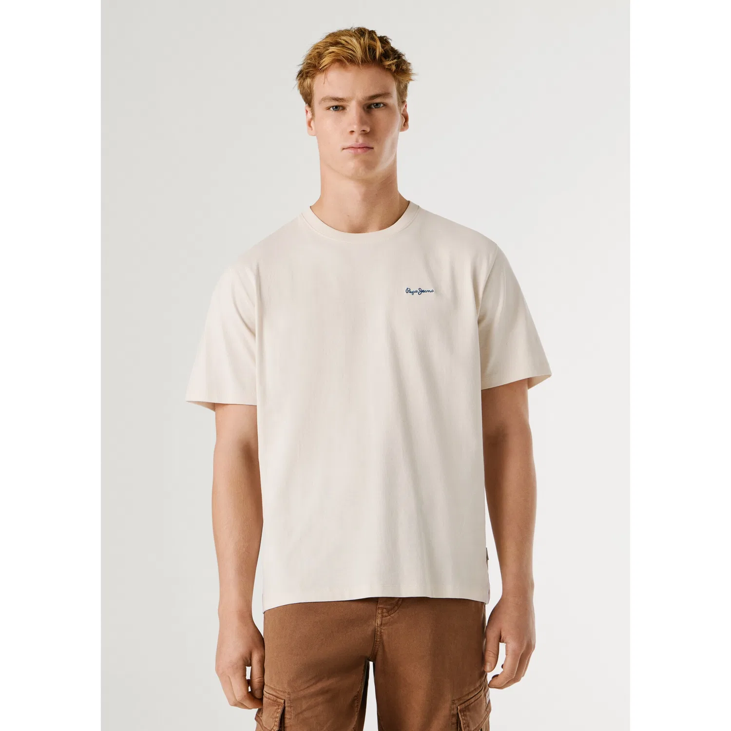 Детская хлопковая футболка с круглым вырезом и вышитым логотипом Pepe Jeans, Ivory White