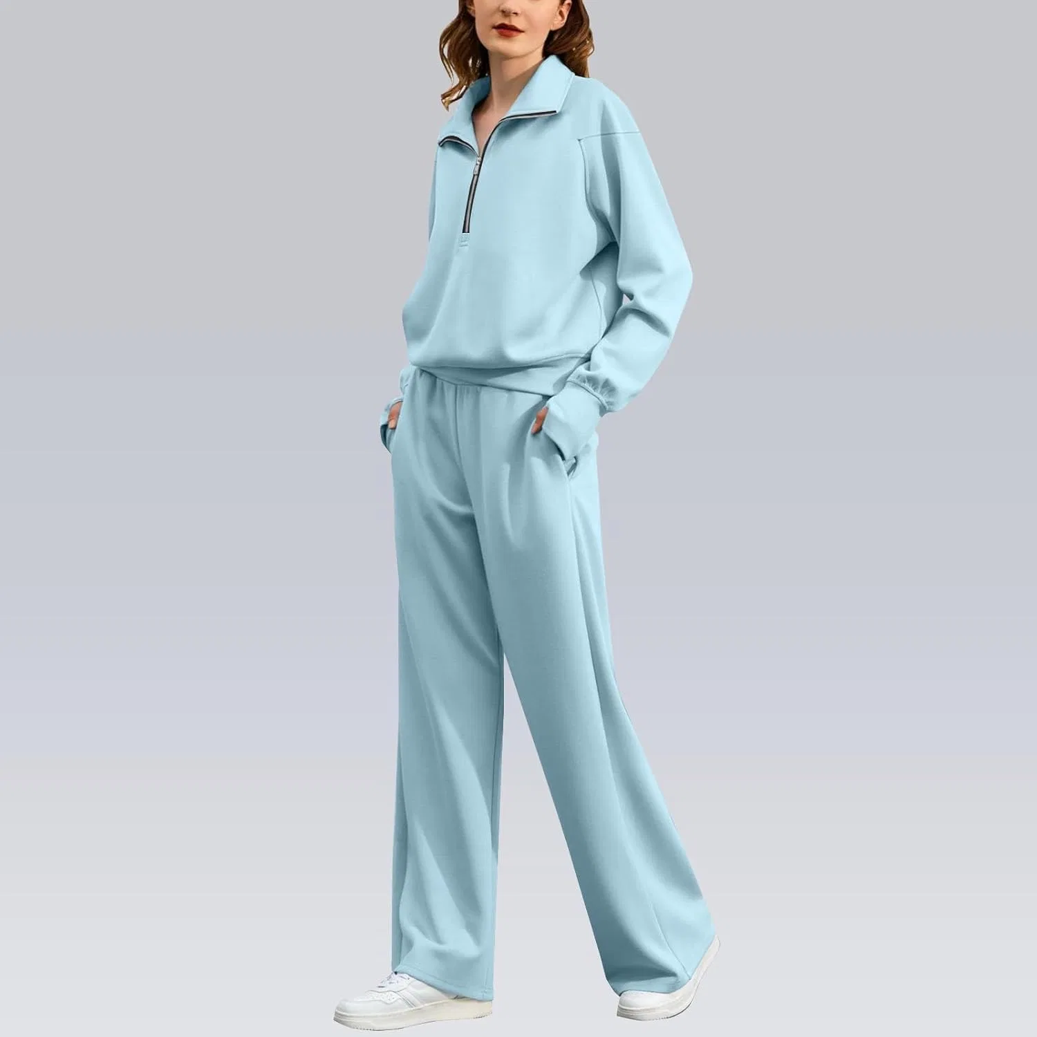 Женский спортивный комплект из худи с молнией и широких брюк, B-light Blue — фото 3