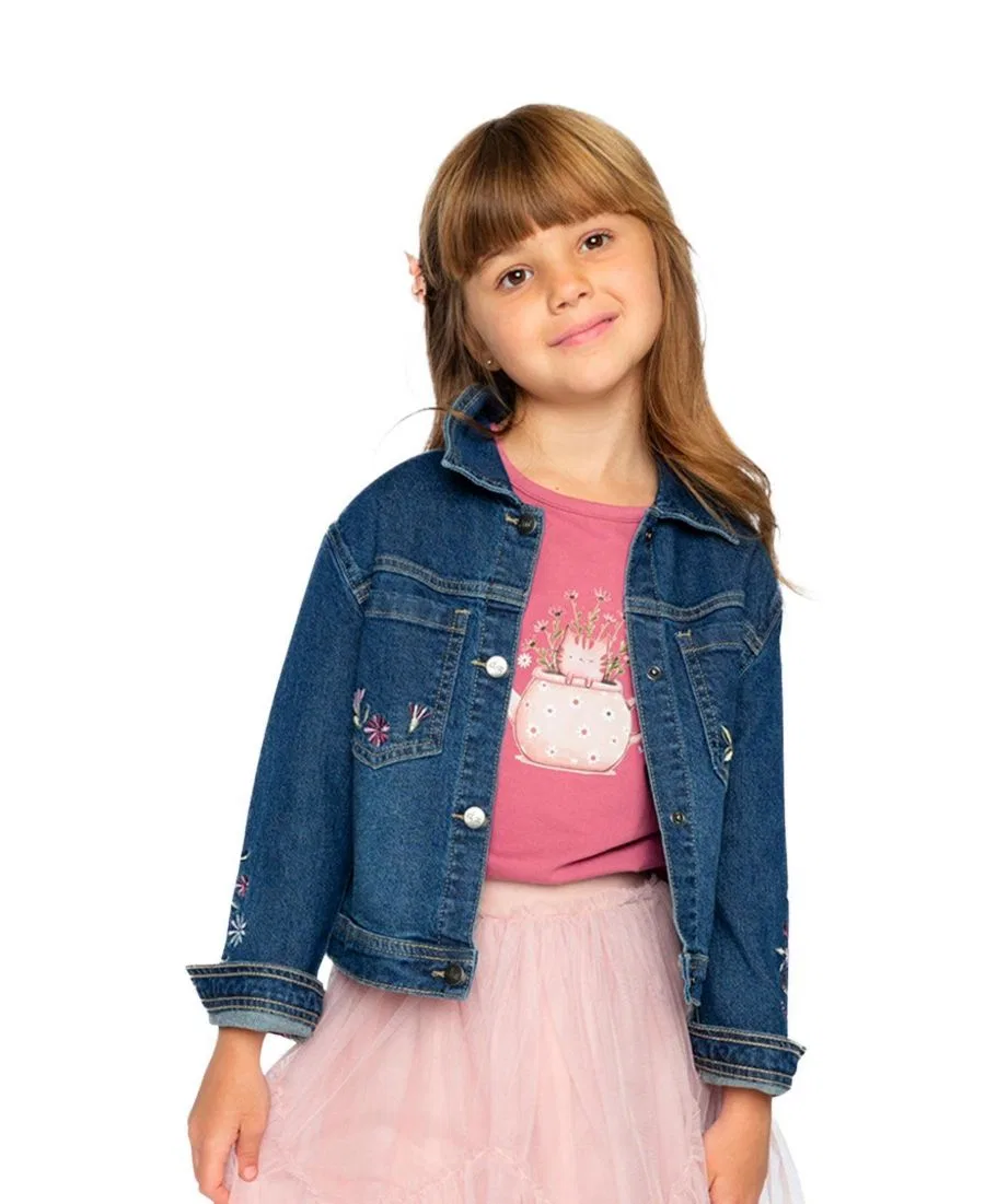 Детская джинсовая куртка с цветочной вышивкой Deux par Deux, Light Blue Denim — фото 3