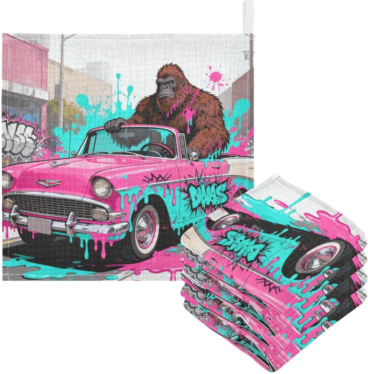 Марлевая салфетка для лица, 100% хлопок, GuoChe, набор 5 шт., 30x30 см, Gorilla Pink Car Graffiti Street — фото 3