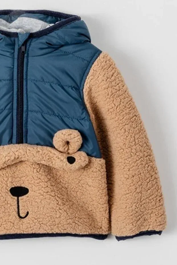 Детское пальто для девочек с капюшоном Cute Bear Figured Hooded Thick Winter Welsoft Sherpa Coat Verscon, Taupe — фото 3