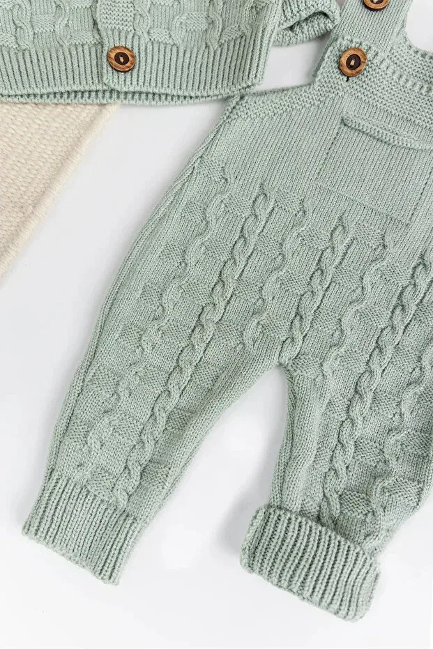 Детский комбинезон для мальчиков с принтом Knitwear cardigan 3-piece adjustable strap knitted baby boy salopet jumpsuit set Babymod, Green — фото 4