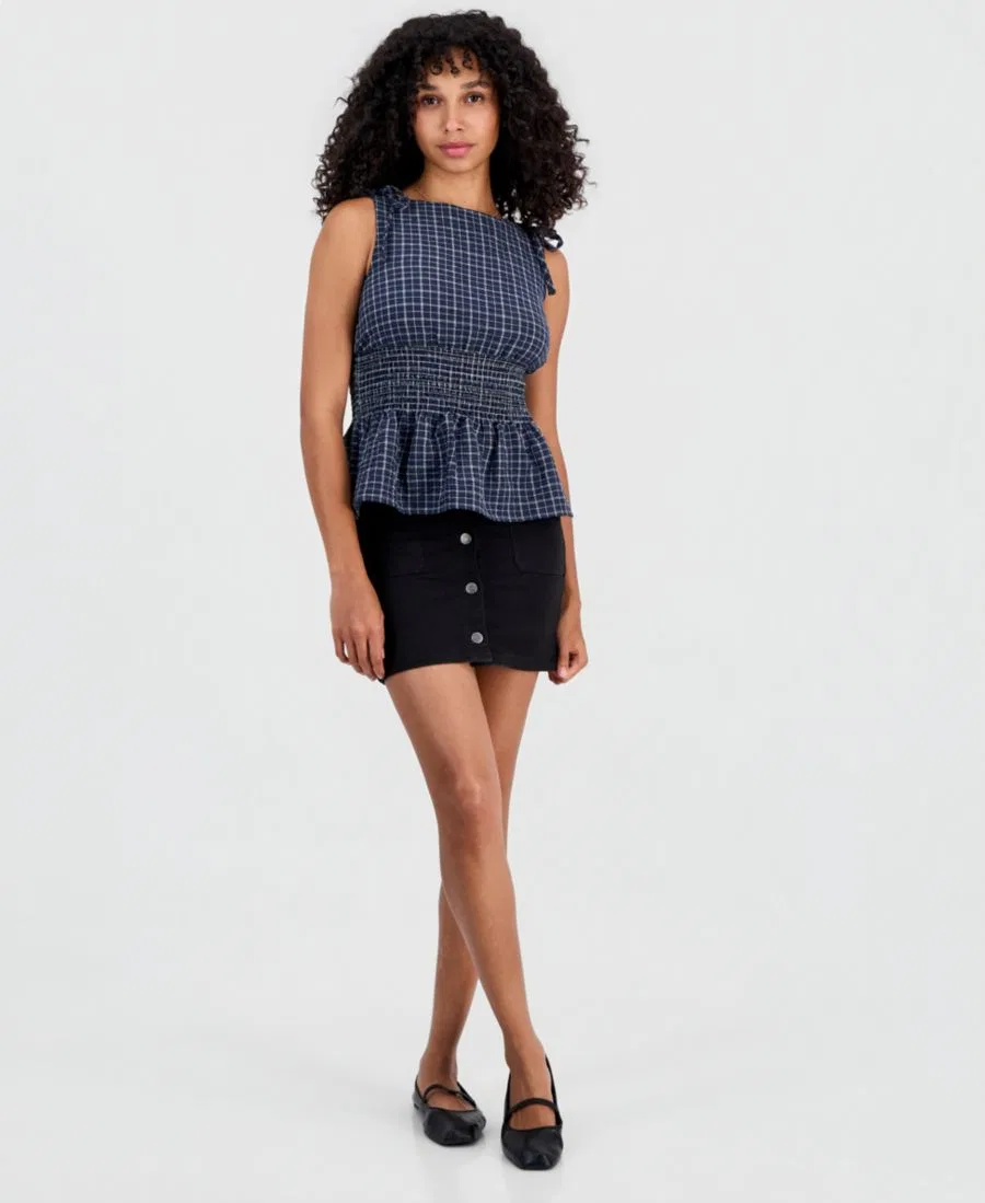 Топ на бретелях с принтом в клетку, модель Plaid Smocked-Back Tank Rebellious One, Navy Blazer White — фото 3