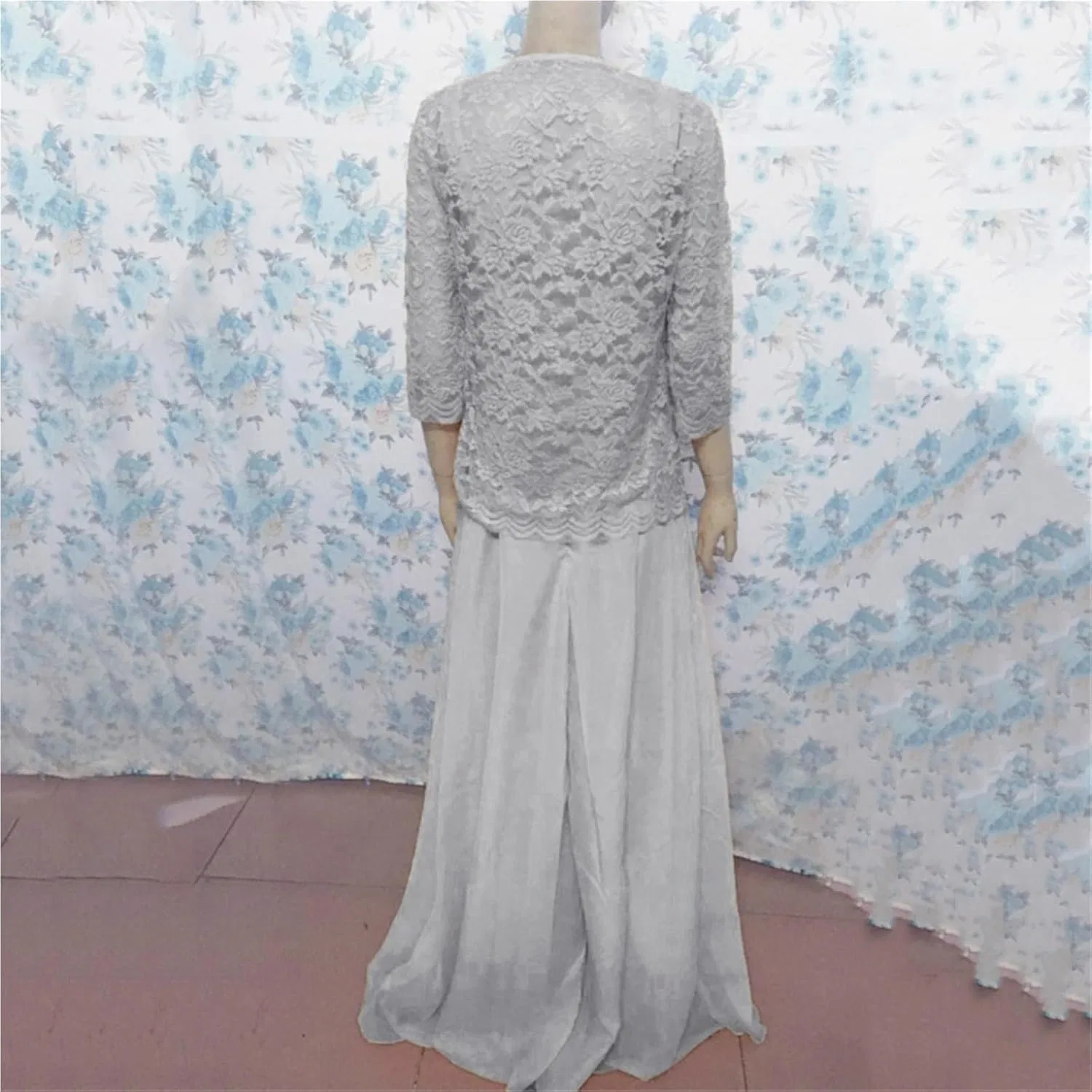 Женский плюс-сайт костюм-двойка с кружевом Chiffon, Gray — фото 3