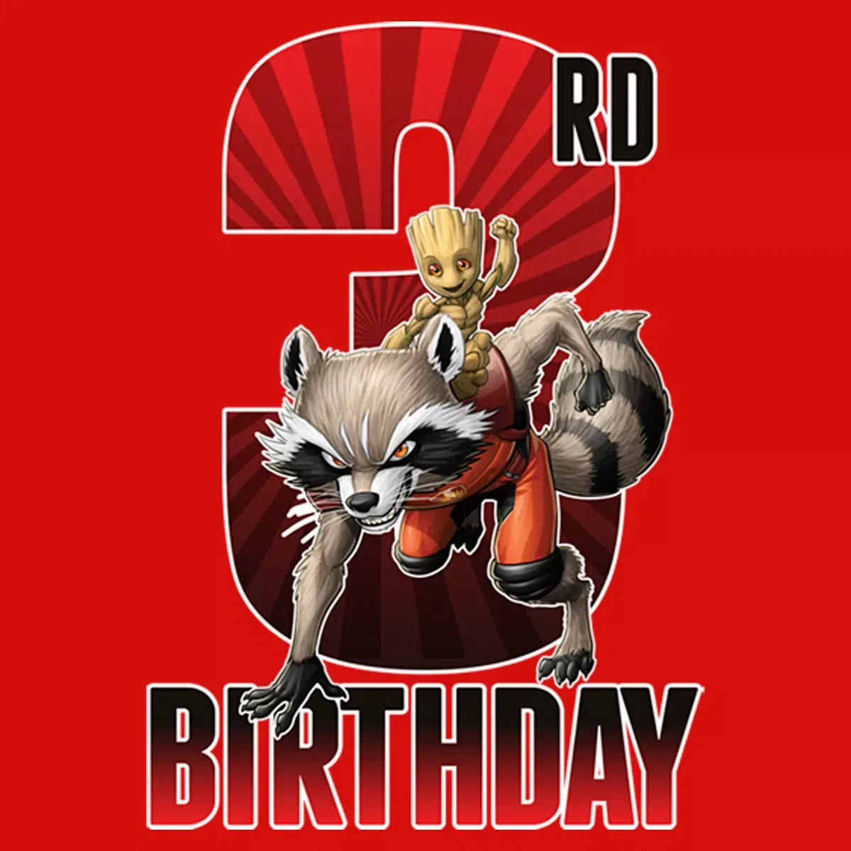 Детская футболка для девочек с принтом Marvel Rocket and Baby Groot 3rd Birthday, Red — фото 2