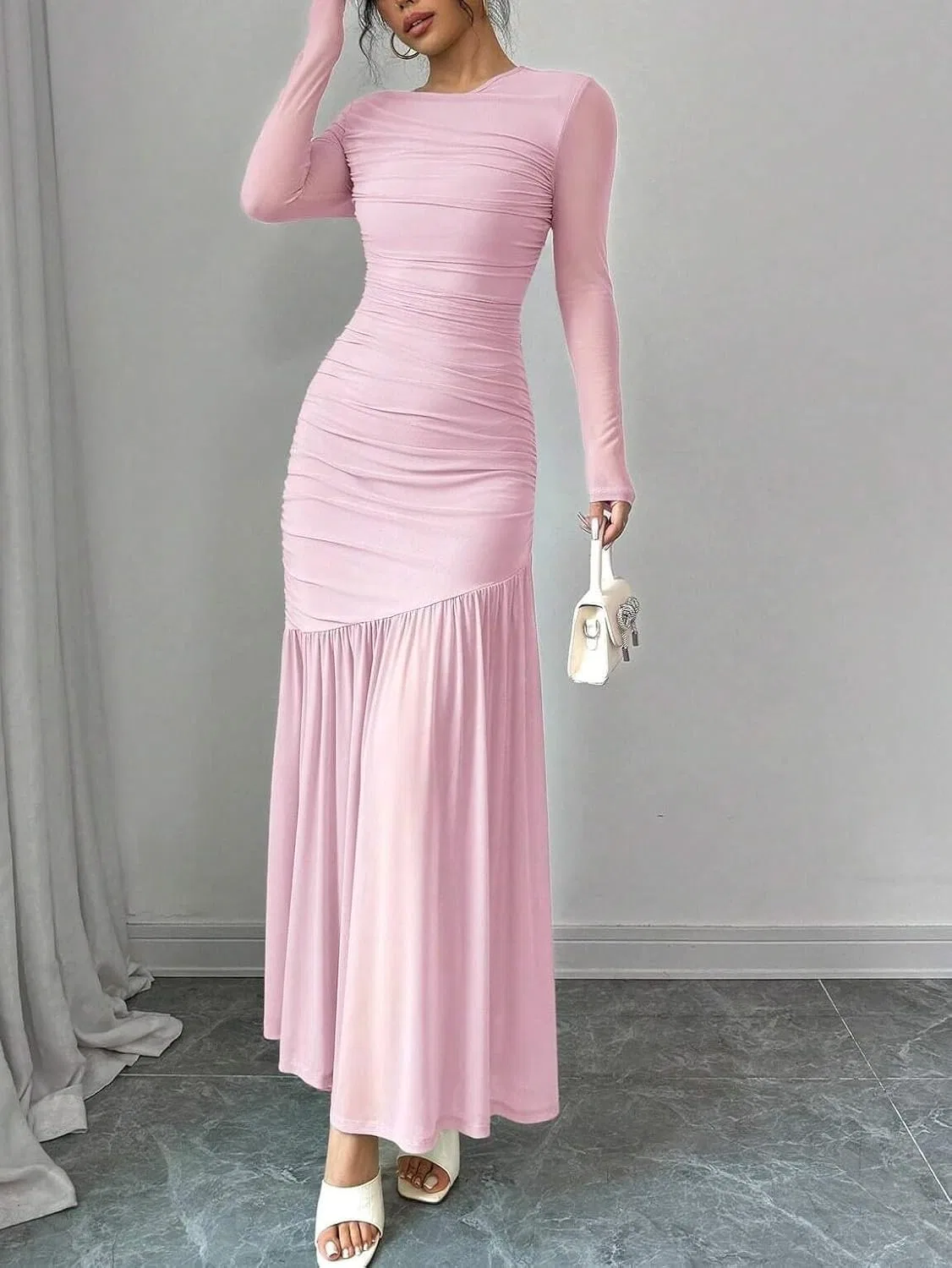 Женское длинное платье Bodycon с круглым вырезом Pink — фото 3