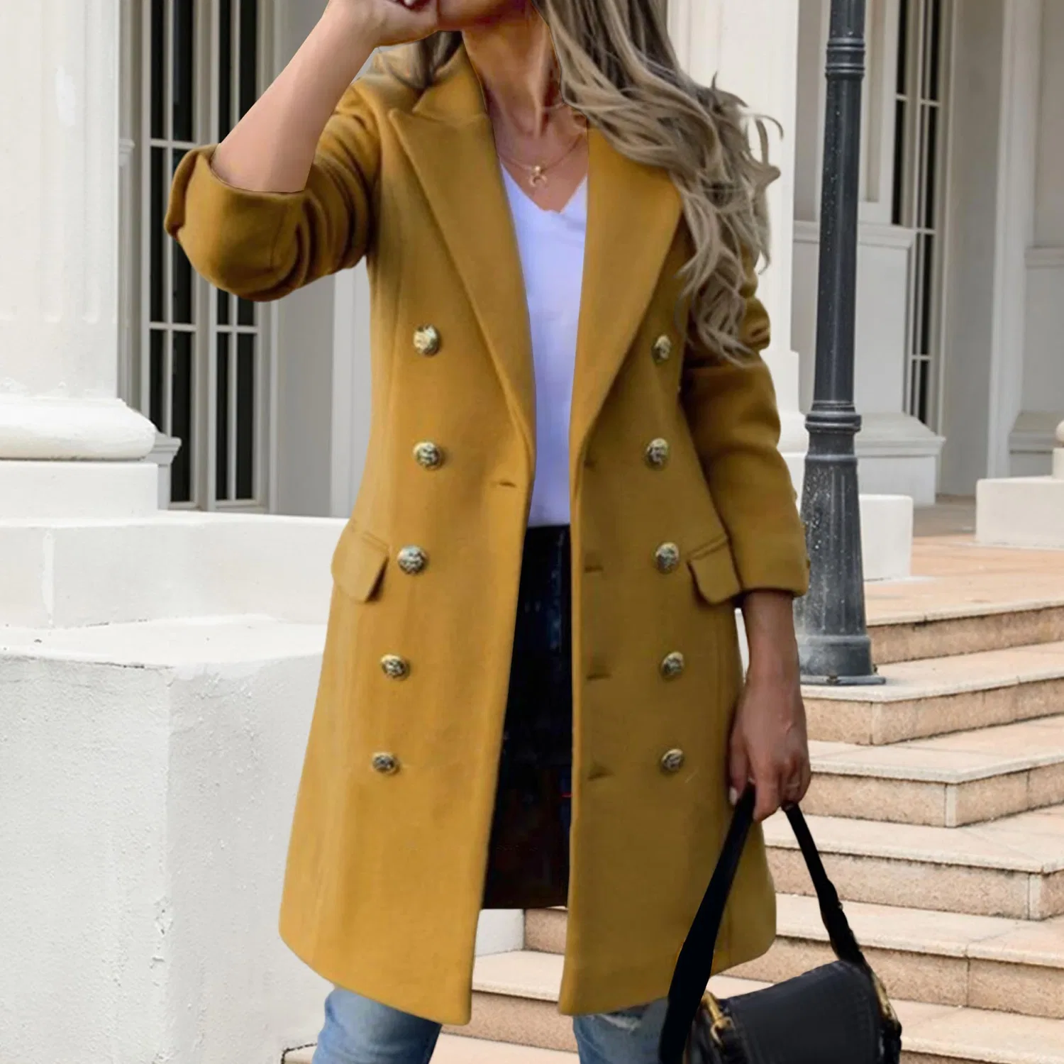 Женское двубортное пальто миди с принтом Autumn Winter Wool Coats, yellow — фото 2
