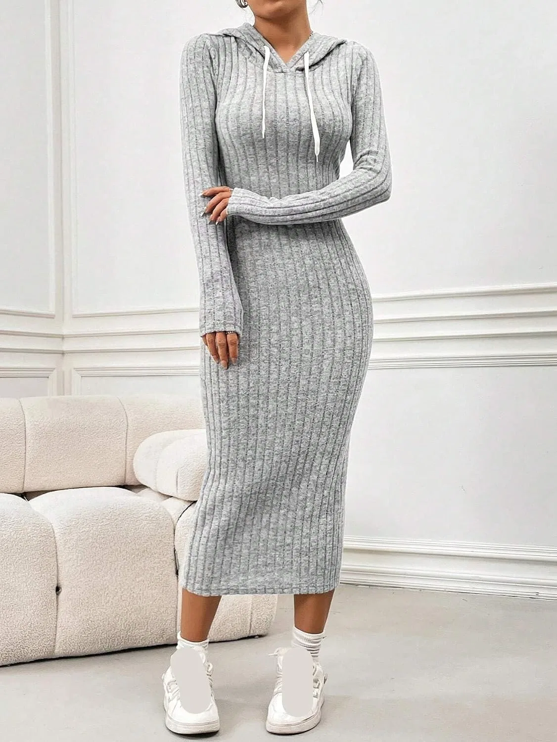 Женское платье-водолазка с капюшоном Bodycon, Gray — фото 4