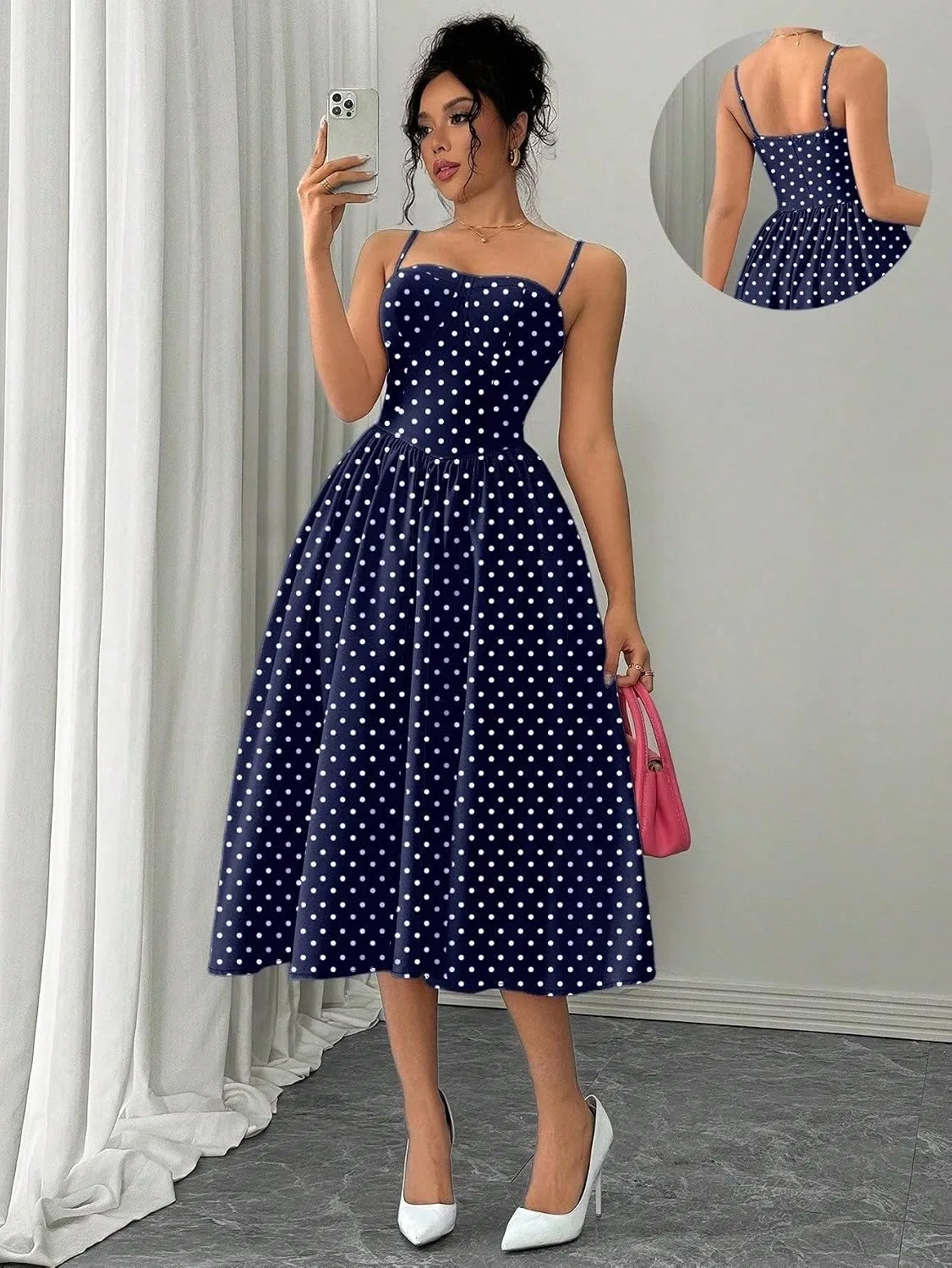 Женское повседневное миди-платье на бретелях с цветовой блокировкой, Navy Blue — фото 2