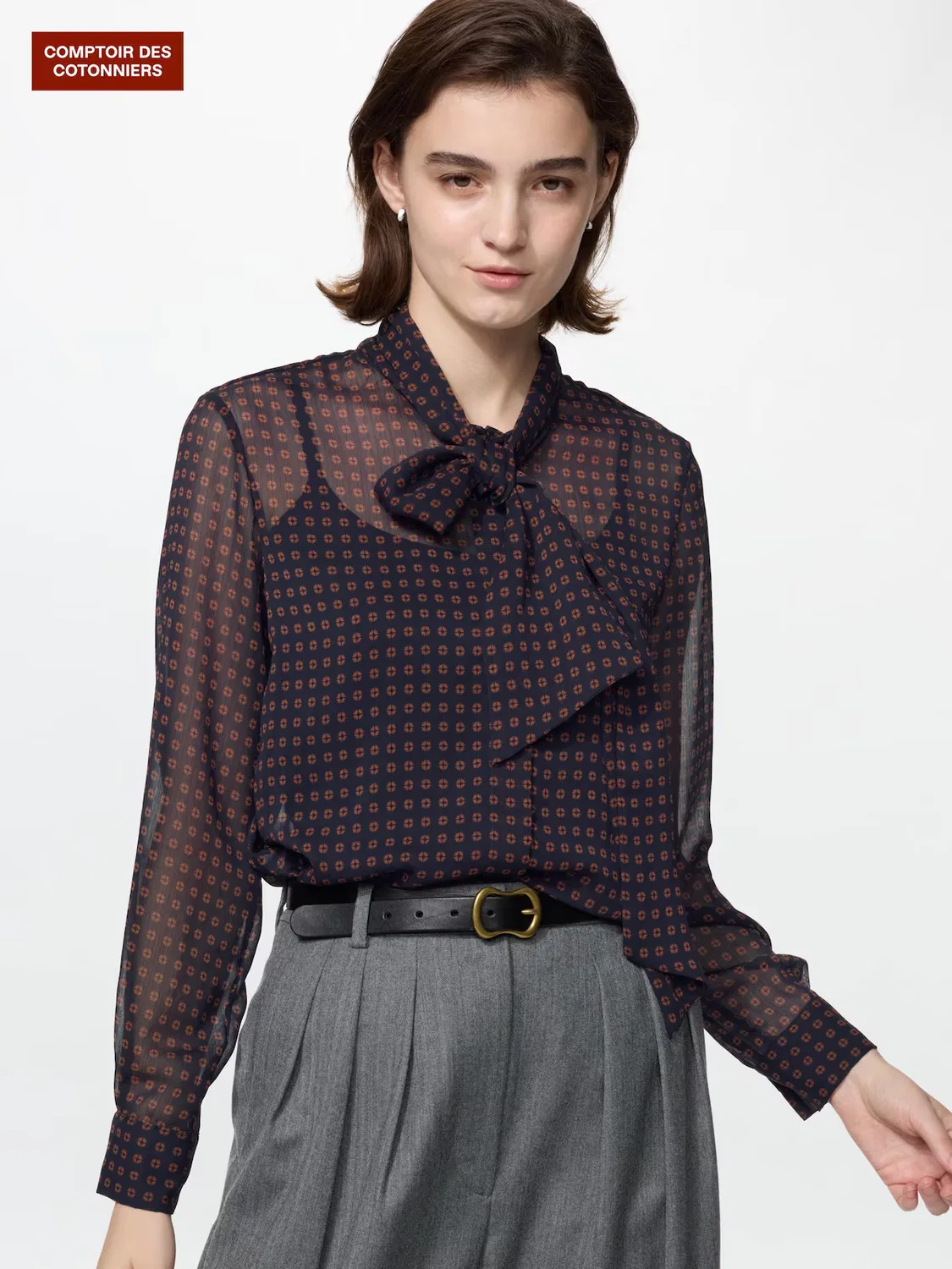 Блузка Uniqlo, с принтом и бантом, синяя