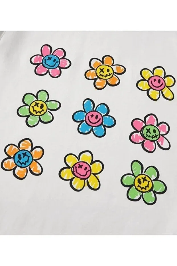 Детская футболка с принтом Colorful Daisy Printed Oversize Crew Neck Cotton Children's T-Shirt Machetta, White — фото 2