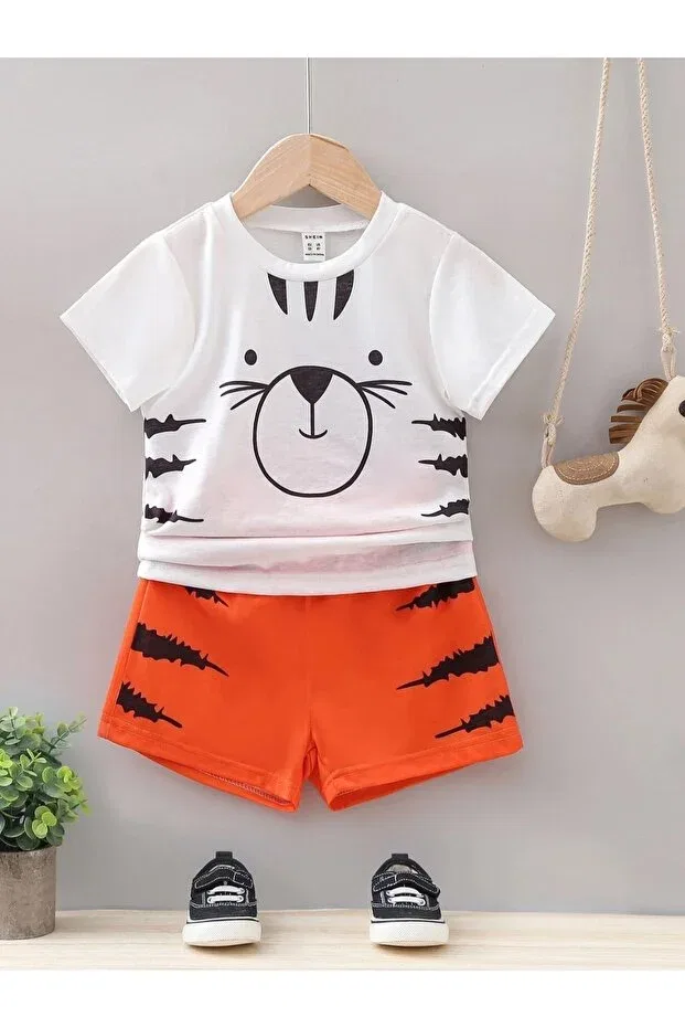 Детский комплект футболки и шорт с принтом Claw detailed teddy bear printed summer Keywest, White Orange