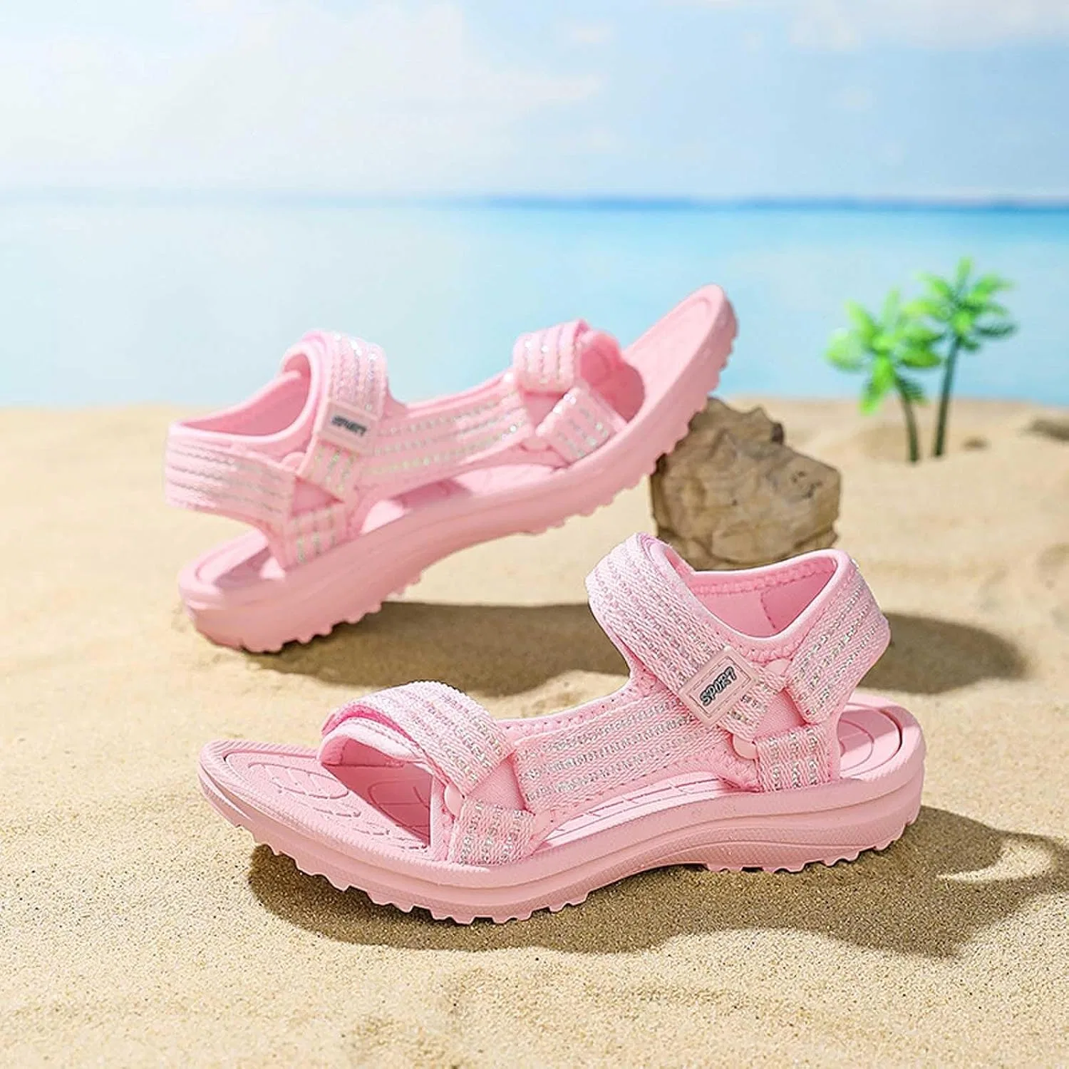 Детские спортивные сандалии с открытым носком и регулируемыми ремешками, Pink — фото 3