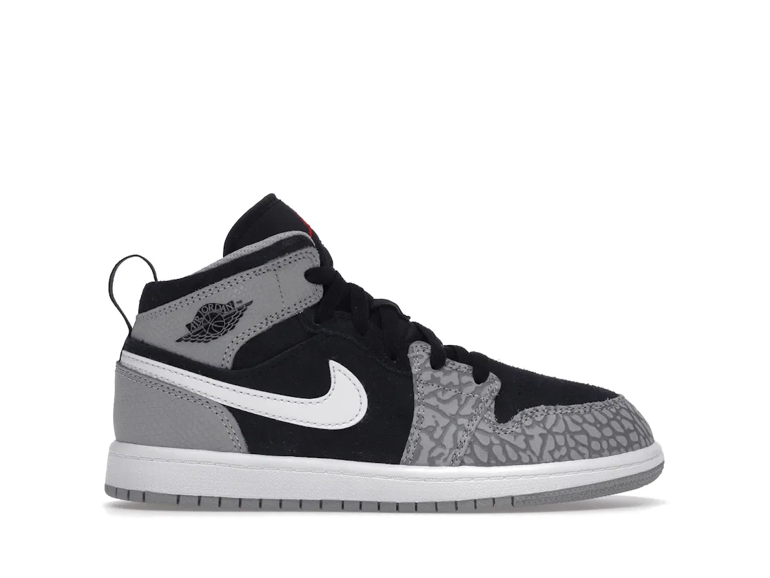 Детские кроссовки для мальчиков с принтом Jordan 1 Mid SE Elephant Print (PS) Jordan, Black/White/Light Smoke Grey/University Red
